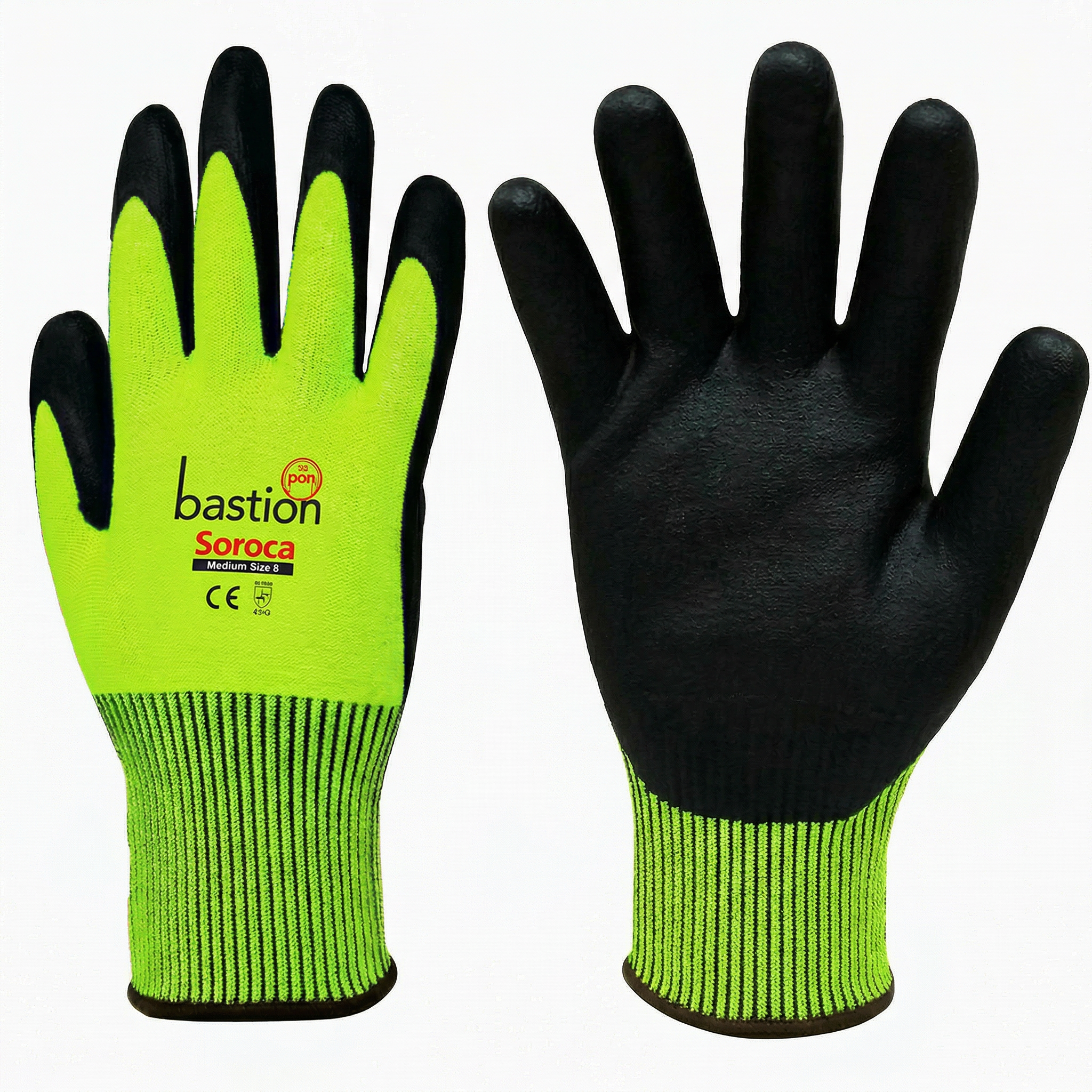 Soroca, Cut 5 High Viz Green, HPPE Gloves,13G, Black Micro Foam Nitrile Palm Coating, Medium - Omni Packaging 