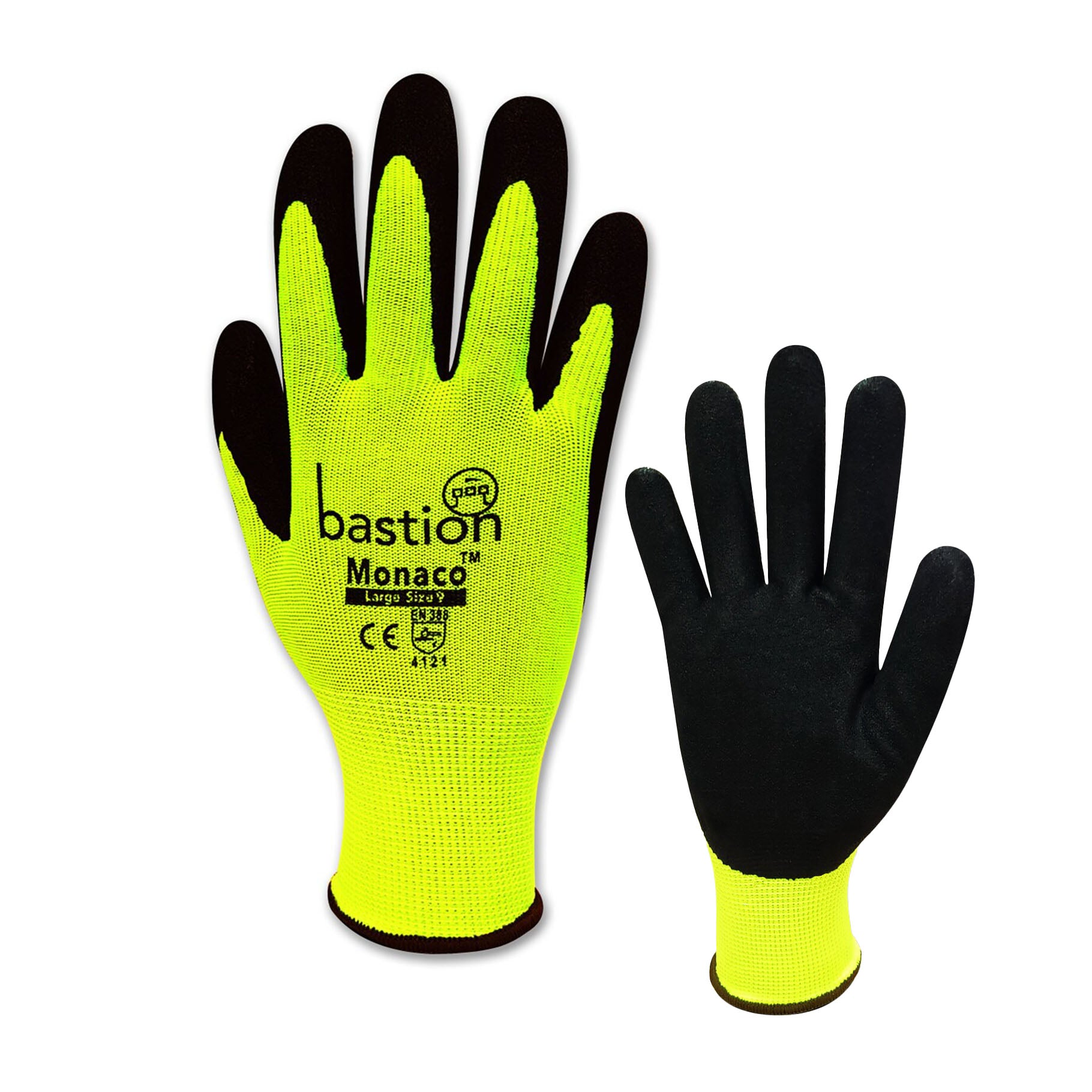 Monaco, High Viz Yellow, Medium, Polyester Gloves,13G, Black Sandy Foam Nitrile Coating - Omni Packaging 