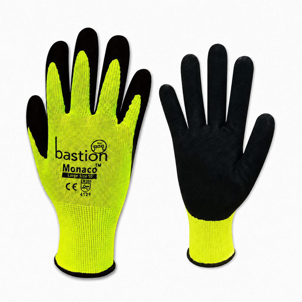 Monaco, High Viz Yellow, X Large, Polyester Gloves,13G, Black Sandy Foam Nitrile Coating