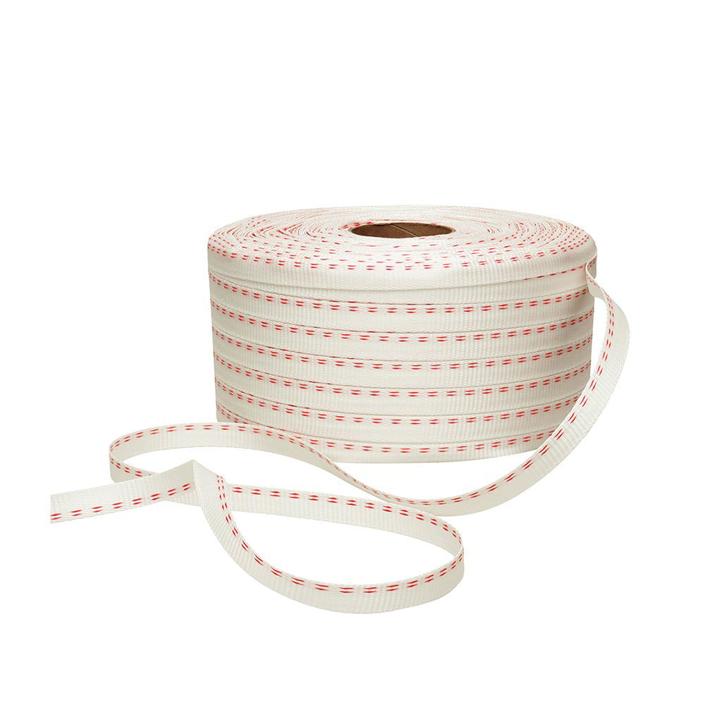 Poly Woven Strapping 590kg White 1 Blue Stripe 19mm x 850m - Omni Packaging 