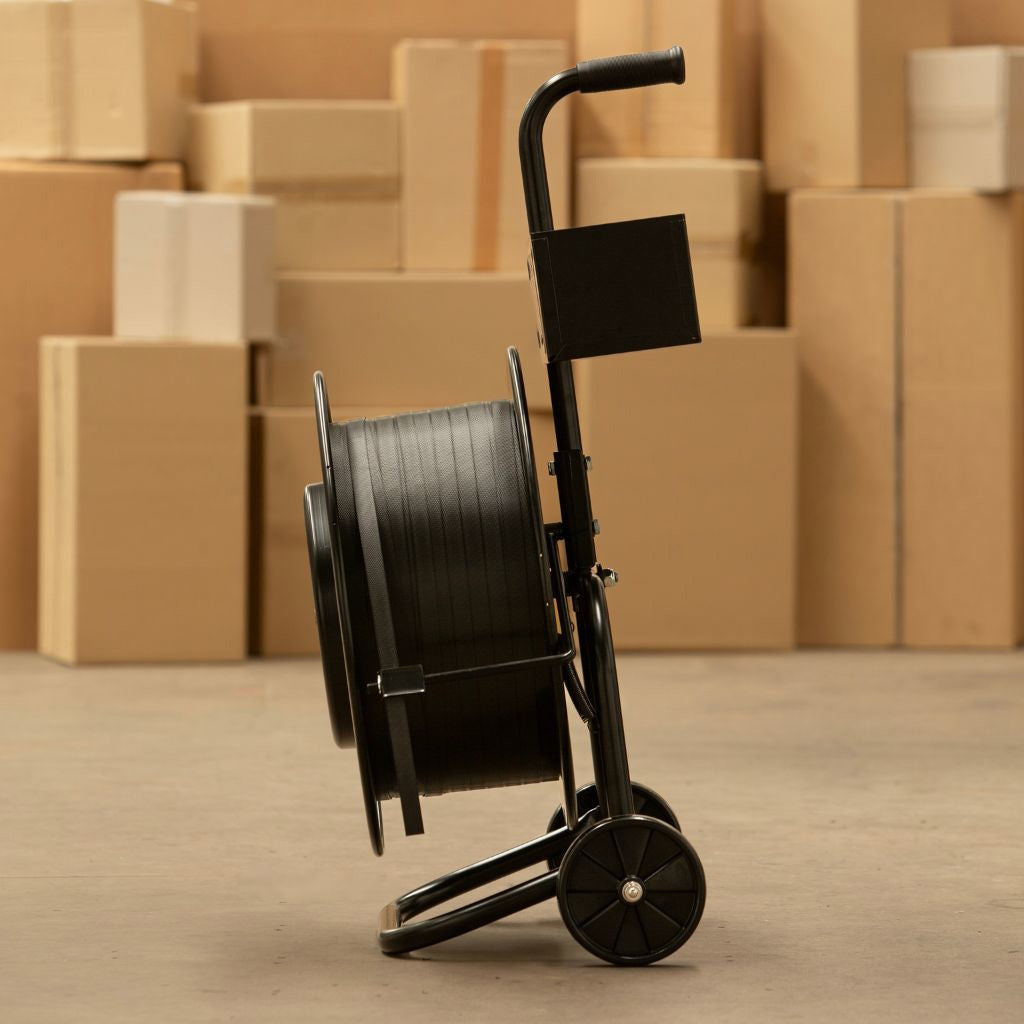 Poly Strapping Dispenser Trolley on Wheels with Tool Holder Suits 1000m Coils - Omni Packaging 