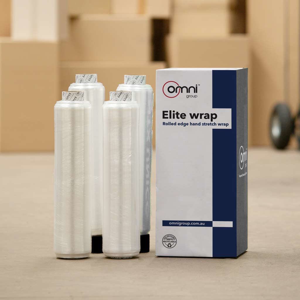 Elite Rolled Edge Hand Pallet Wrap - Clear Cast Stretch Film 430mm x 800m - Omni Packaging 