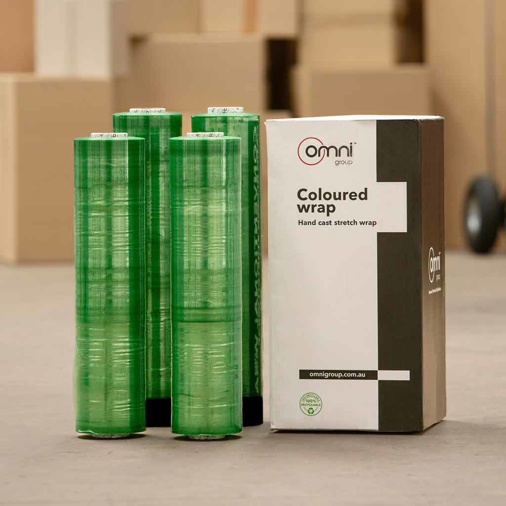 Green Pallet Wrap - Cast Hand Stretch Film 500mm x 365m x 23um - Omni Packaging 