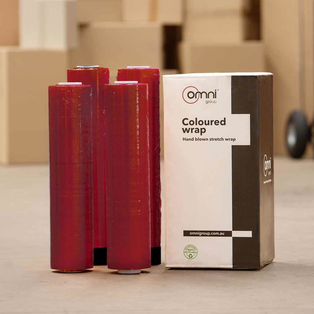 Red Pallet Wrap - Cast Hand Stretch Film 500mm x 365m x 23um - Omni Packaging 