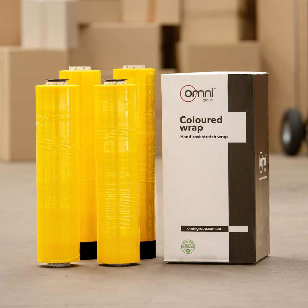 Yellow Pallet Wrap - Cast Hand Stretch Film 500mm x 365m x 23um - Omni Packaging 