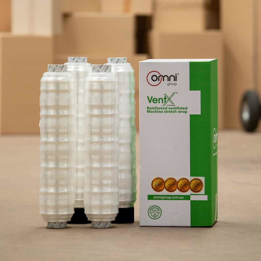 VentX Reinforced Ventilated Hand Stretch Pallet Wrap 420mm x 480m - Omni Packaging 