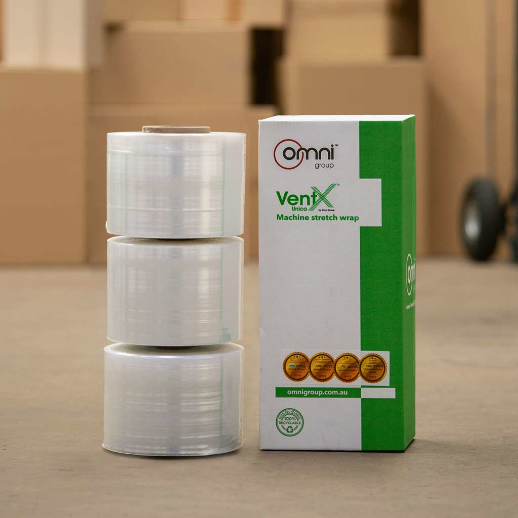 VentX Unico Ventilated Machine Stretch Pallet Wrap 3 x 150mm x 1200m x 25um - Omni Packaging 