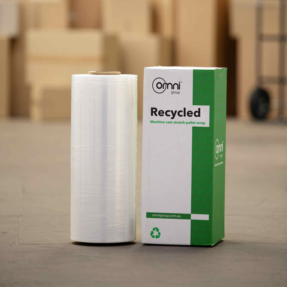 Recycled Machine Pallet Wrap 30% PCR - Clear Cast Stretch Film 500mm x 2300m x 12um - Omni Packaging 