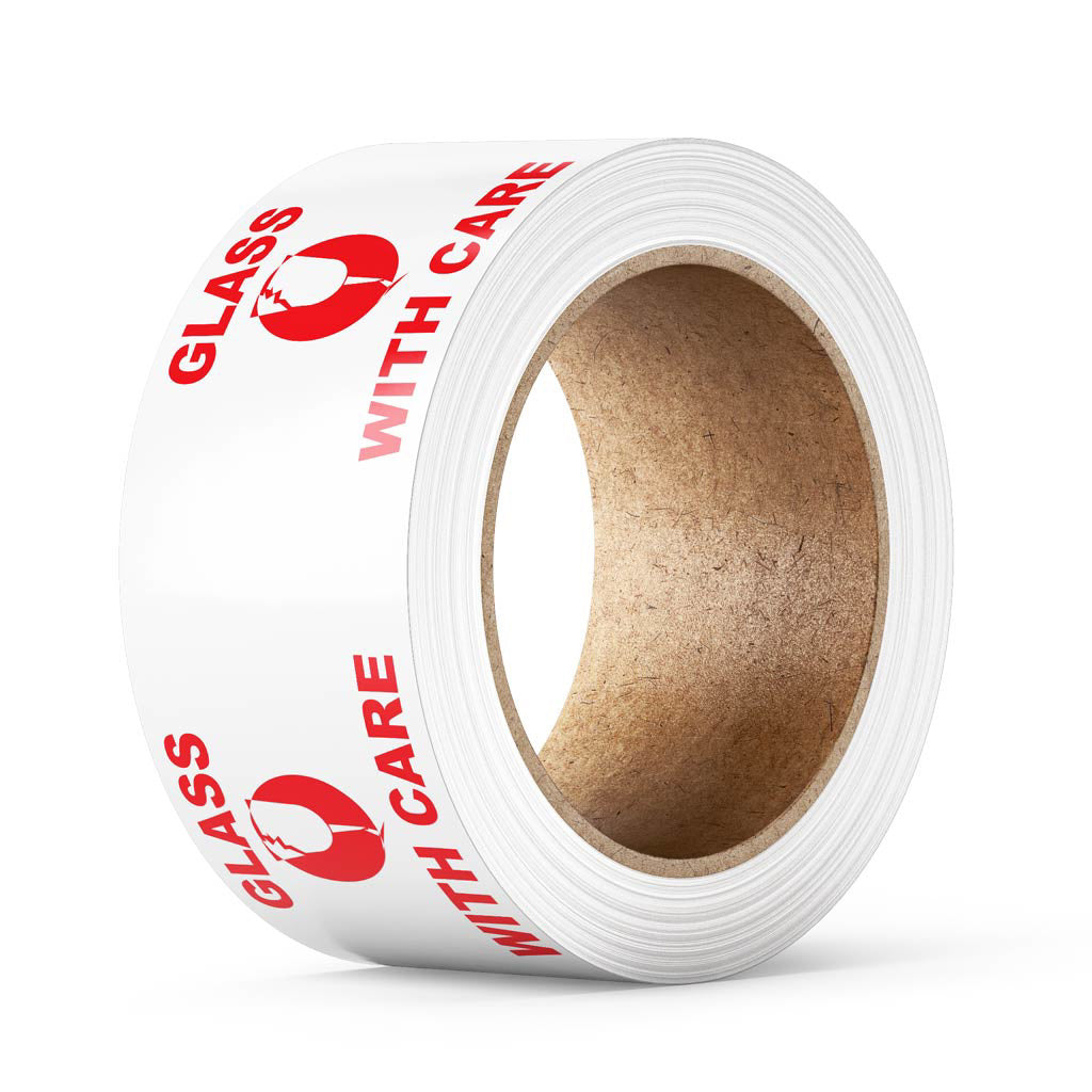 GLASS WITH CARE Tape PP 48mm x 66m Red on White - Omni Packaging 