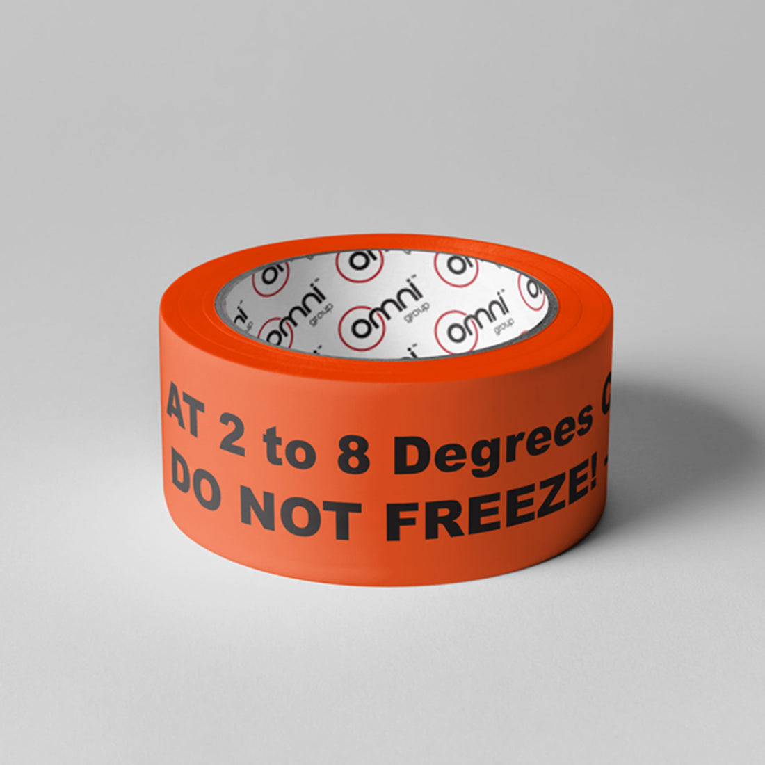 STORE AT 2-8 DEGREES - DON'T FREEZE Tape PVC Rubber 48mm x 66m Black on Fluoro Orange - Omni Packaging 