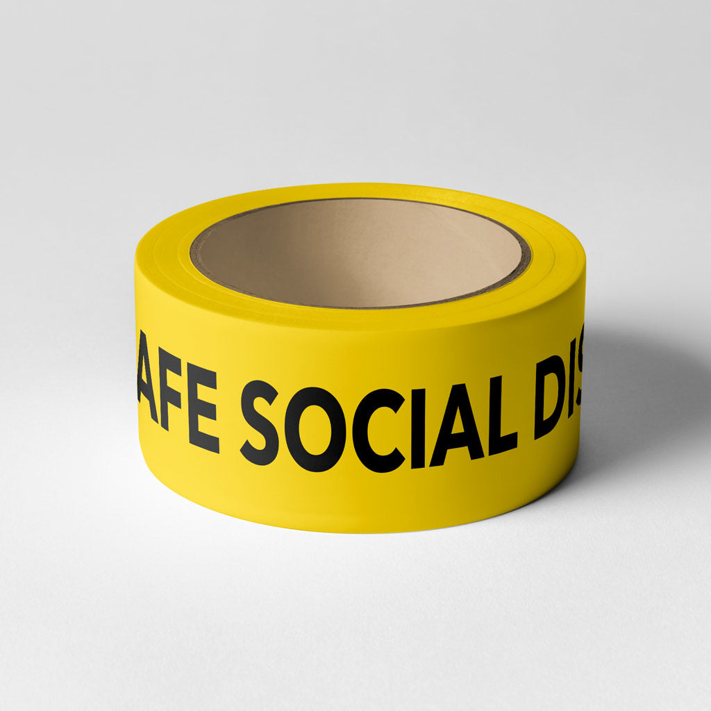 Printed Tape (Safe Social Distancing) PVC 48mm x 66m Black on Yellow - Omni Packaging 