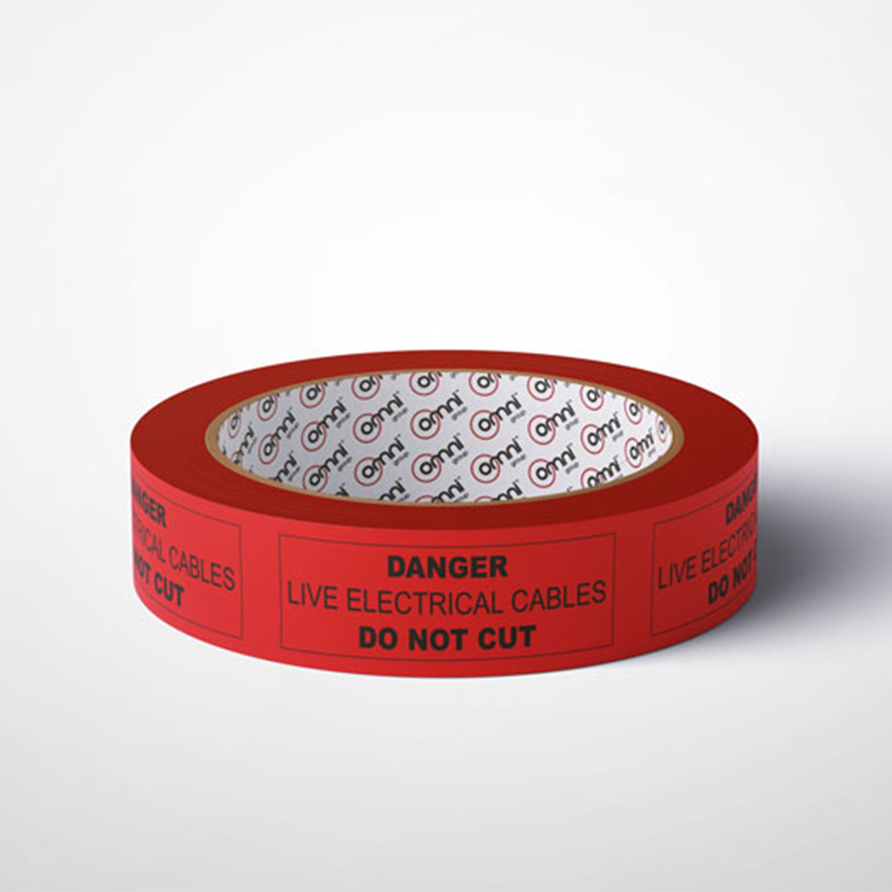 DANGER LIVE ELECTRICAL CABLES Tape PVC 36mm x 100m Black on Red - Omni Packaging 