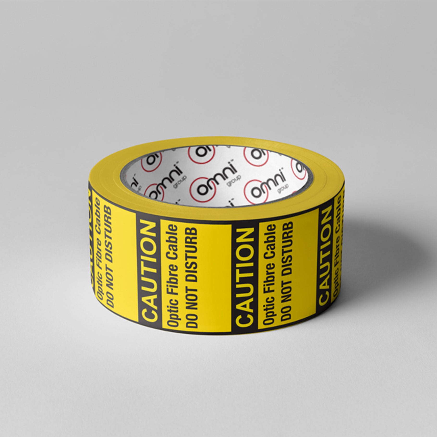 CAUTION OPTIC FIBRE CABLE DO NOT DISTURB Tape PVC 48mm x 100m Black on Yellow (Plain Core & Ctns) - Omni Packaging 
