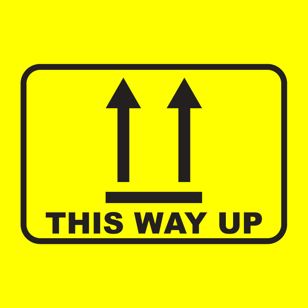 THIS WAY UP Labels - Printed Perforated Stickers Yellow 100mm x 100mm 500/roll - Omni Packaging 
