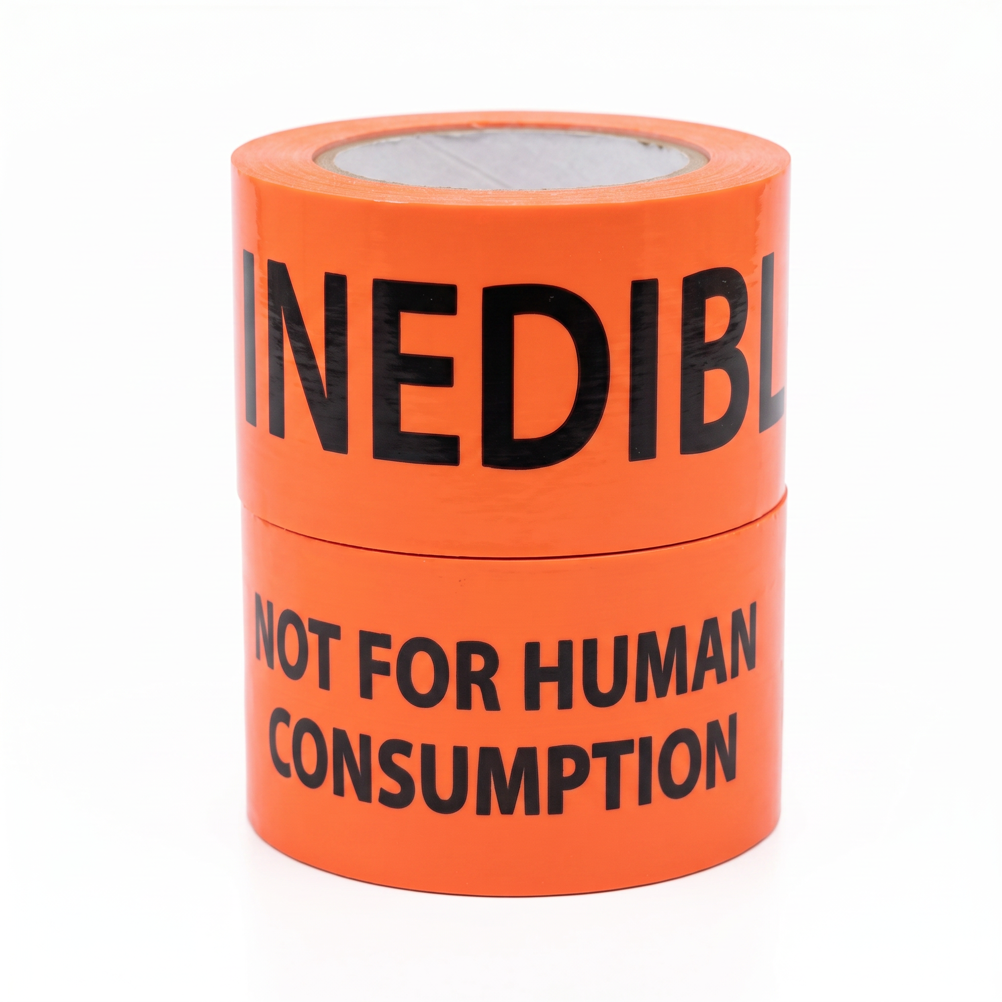 Printed Tape (INEDIBLE NOT FOR HUMAN CONSUMPTION) PVC 72mm x 100m Black on Orange - Omni Packaging 