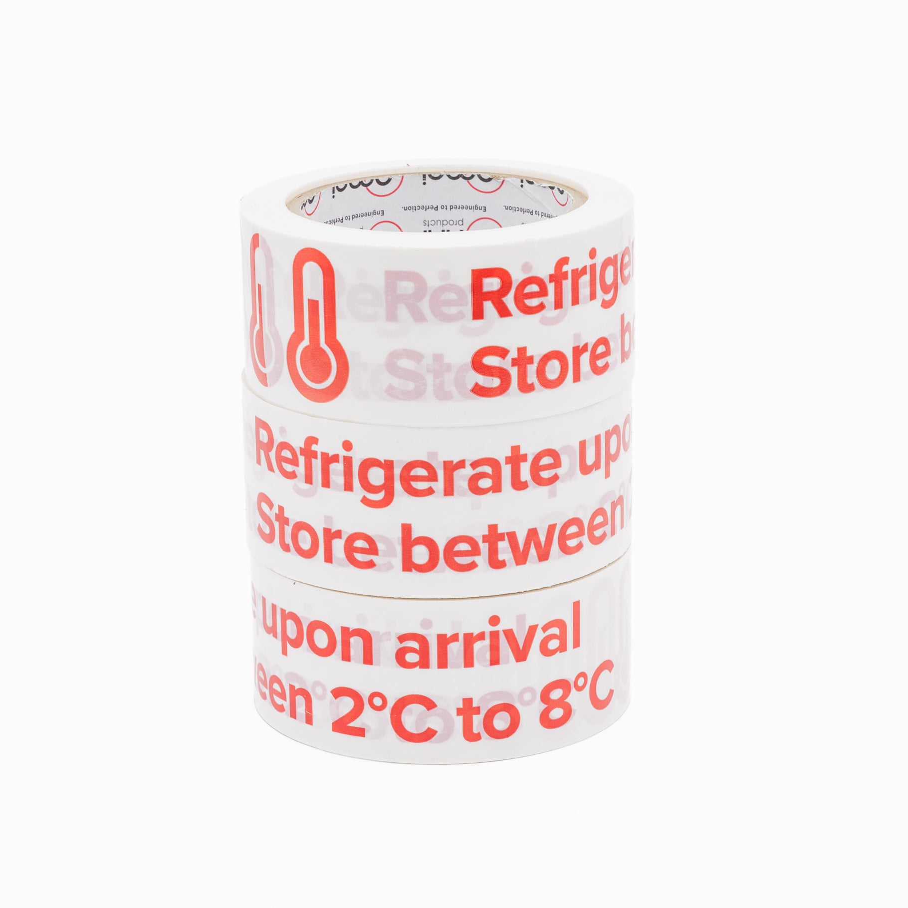 REFRIGERATE UPON ARRIVAL Tape PVC 48mm x 66m Red on White - Omni Packaging 