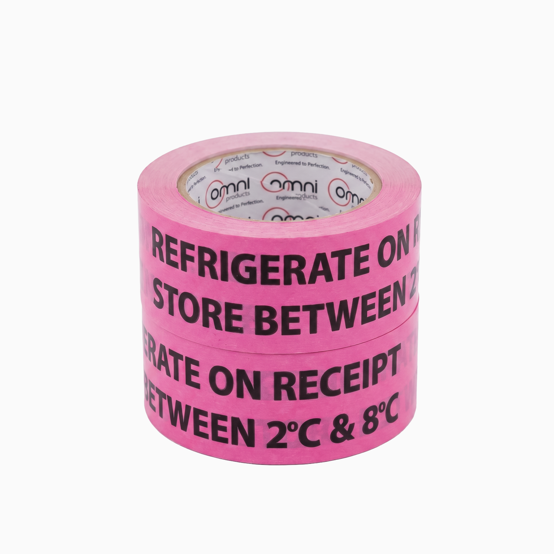 REFRIGERATE ON RECEIPT Printed PVC Tape Black on Pink 48mm x 100m
