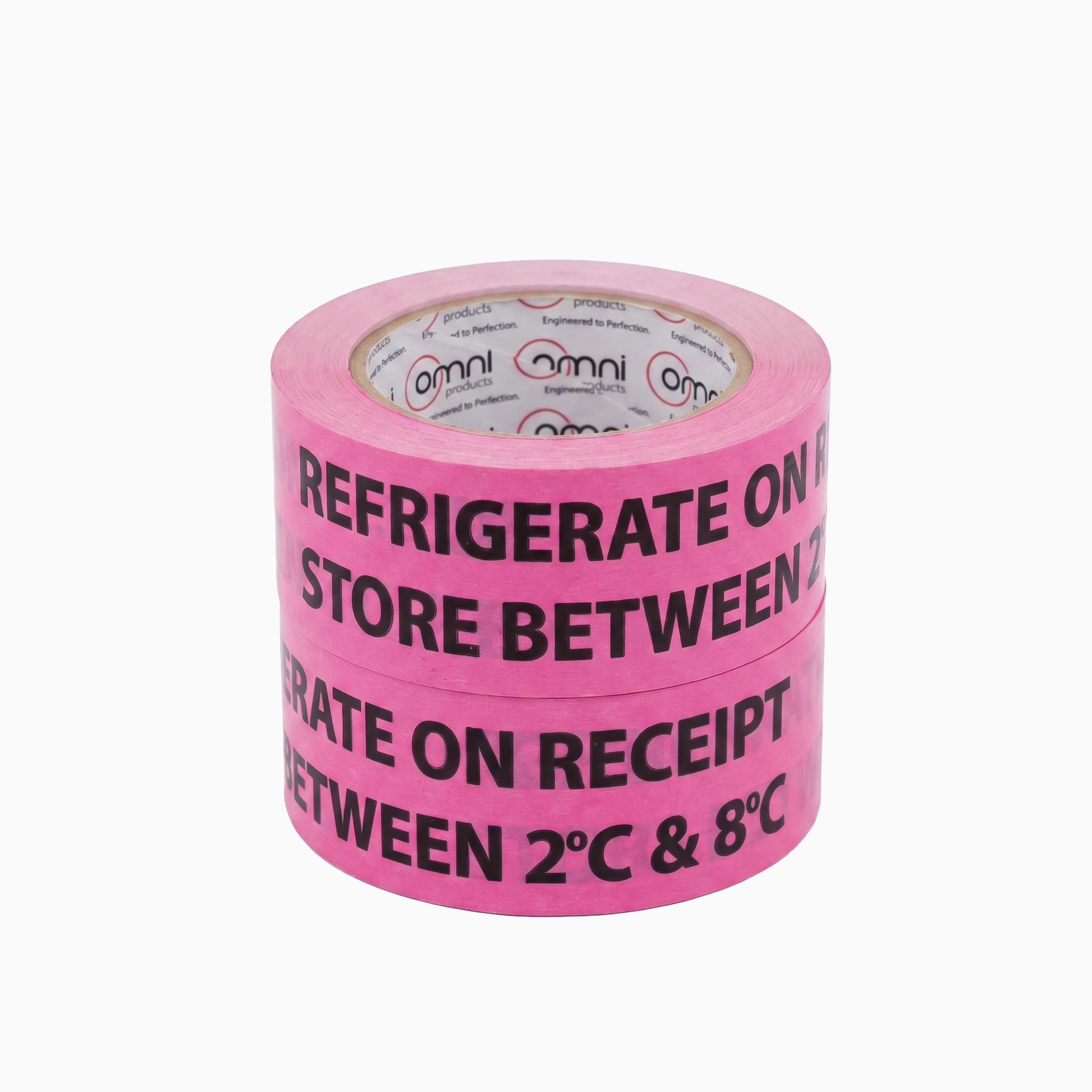 REFRIGERATE ON RECEIPT Printed PVC Tape Black on Pink 48mm x 100m