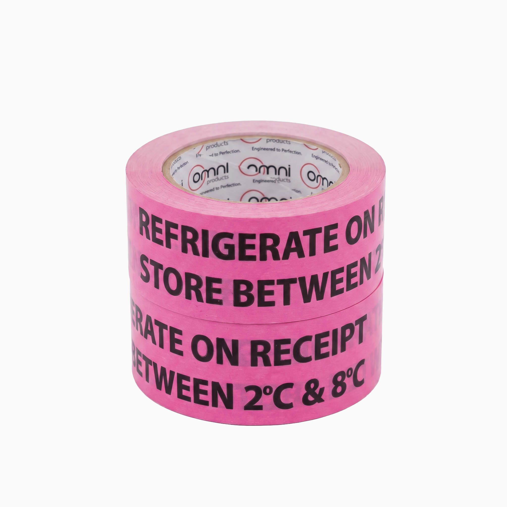 REFRIGERATE ON RECEIPT Printed PVC Tape Black on Pink 48mm x 100m