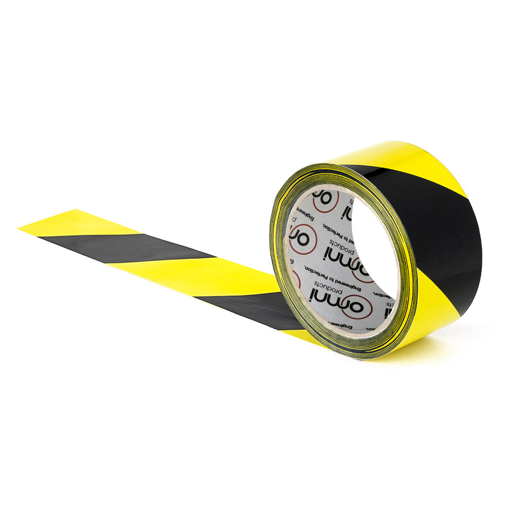 Barrier Tape Black and Yellow Stripes 72mm x 100m - Omni Packaging 