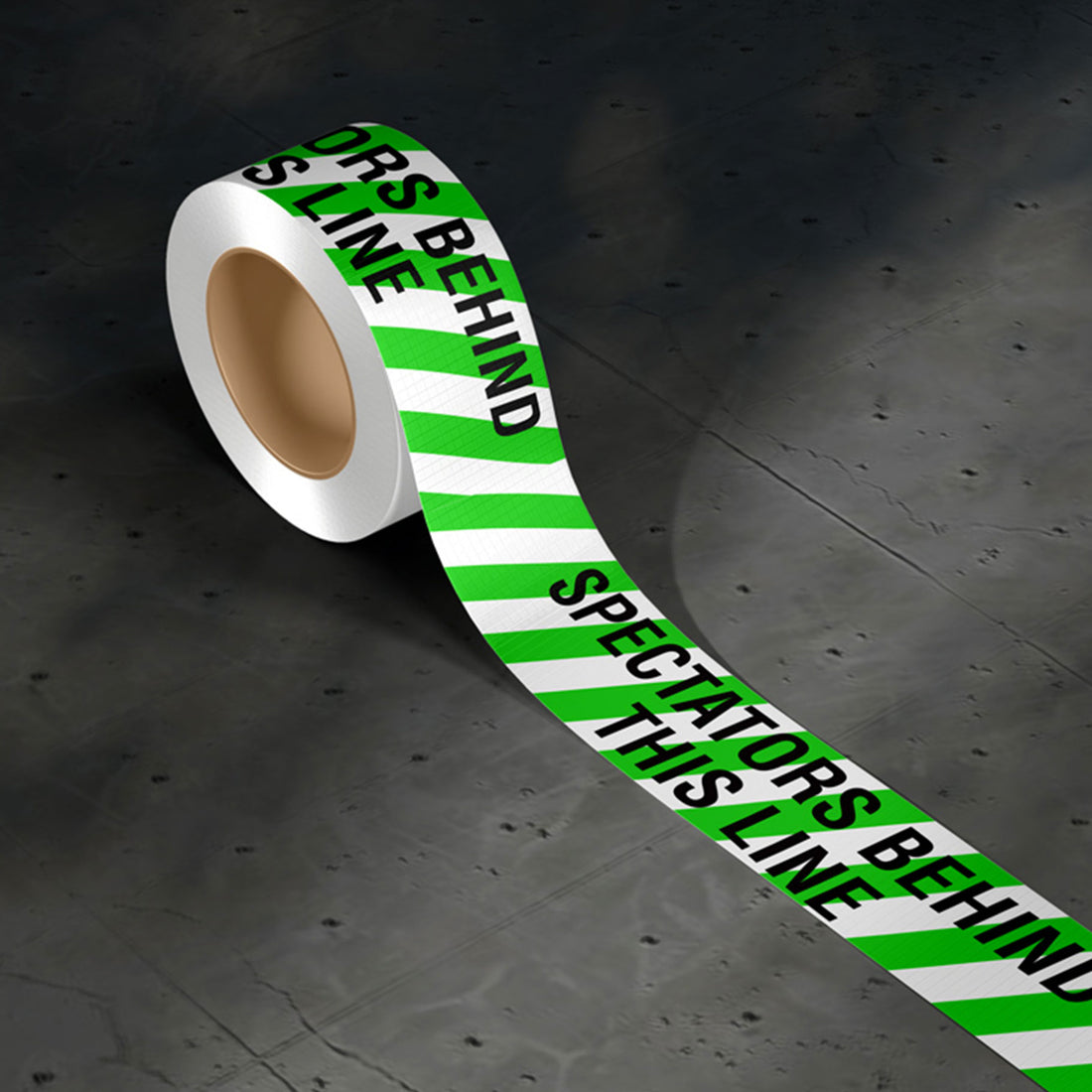 SPECTATORS BEHIND THIS LINE Barrier Tape 75mm x 100m Green and Black on White - Omni Packaging 