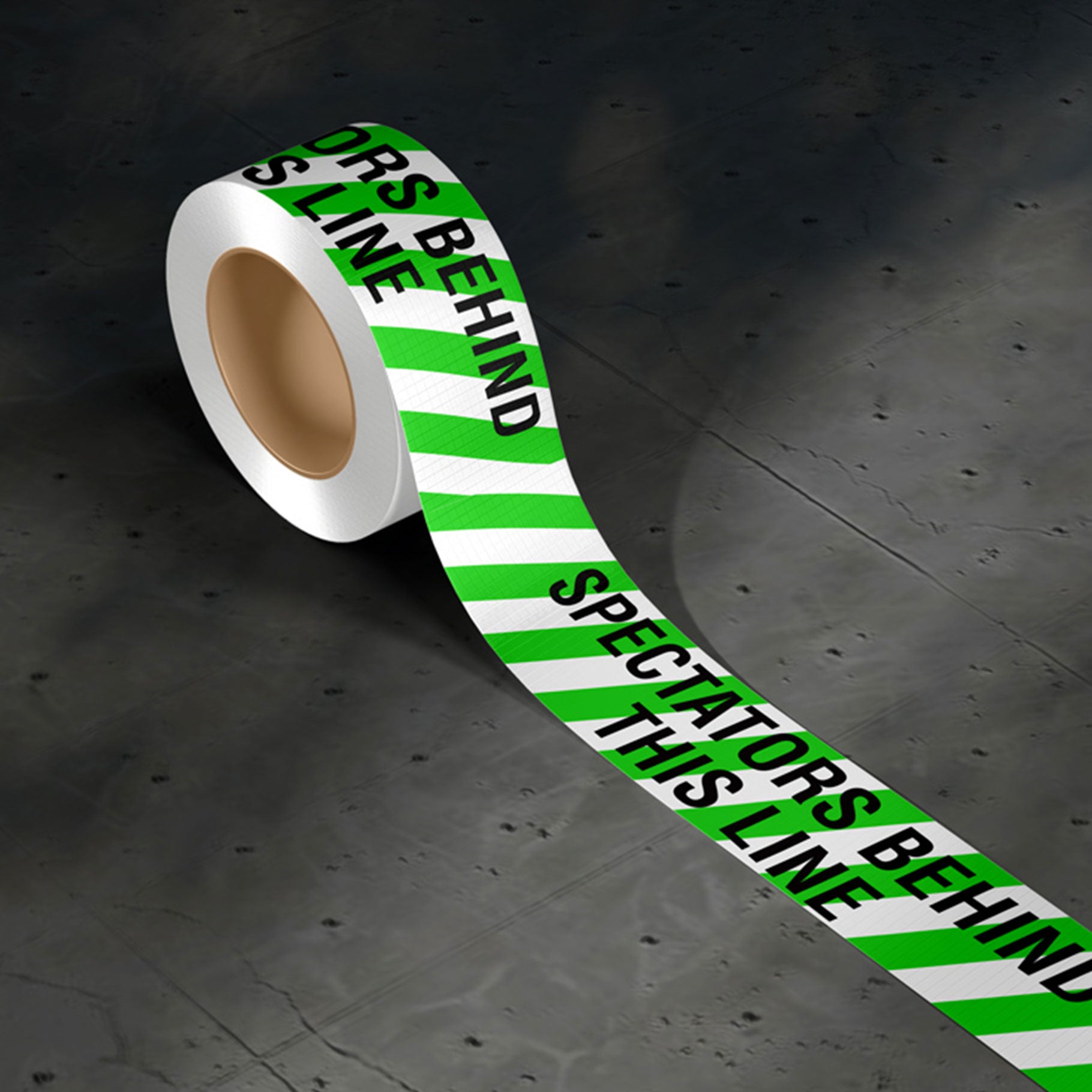 SPECTATORS BEHIND THIS LINE Barrier Tape 75mm x 100m Green and Black on White - Omni Packaging 