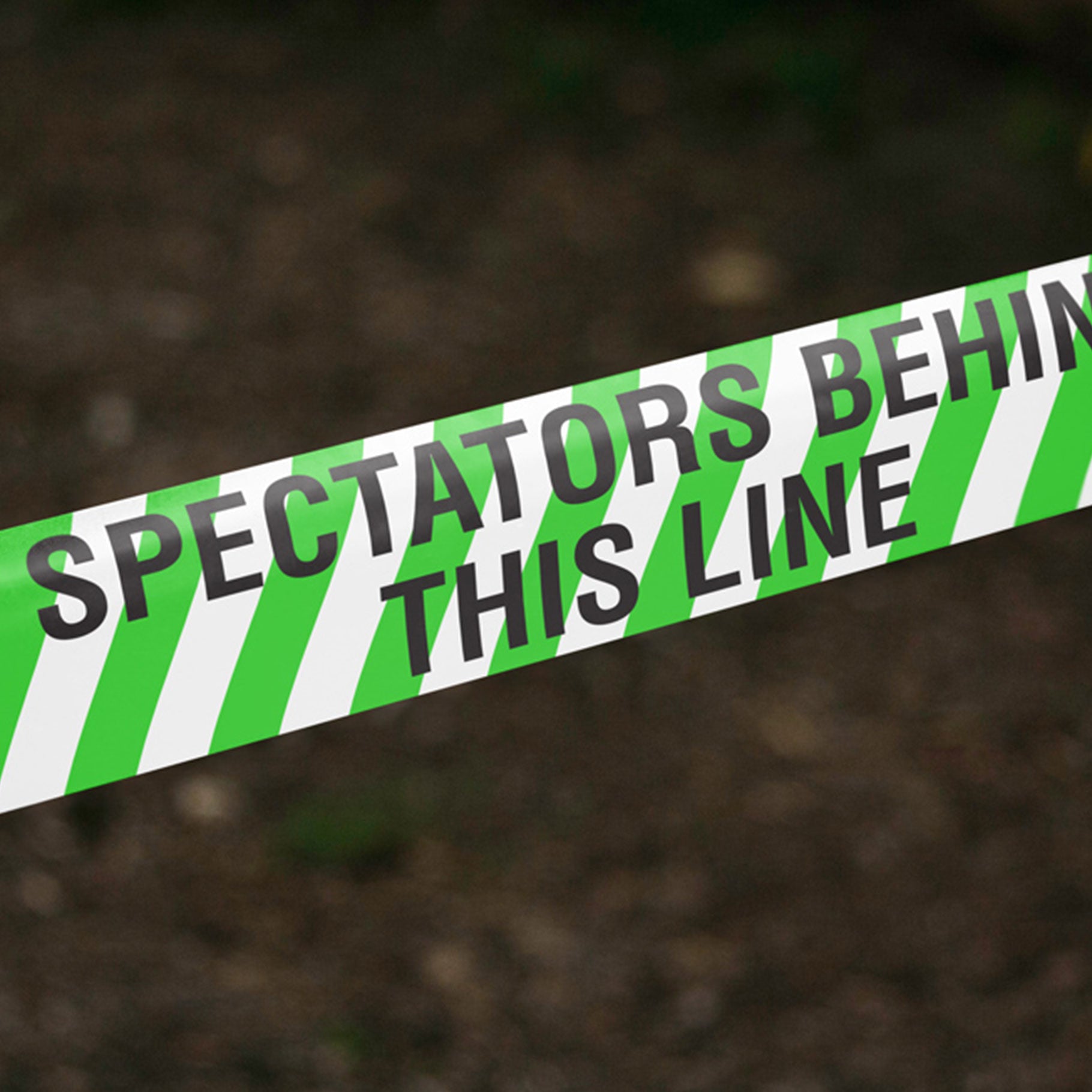 SPECTATORS BEHIND THIS LINE Barrier Tape 75mm x 100m Green and Black on White - Omni Packaging 