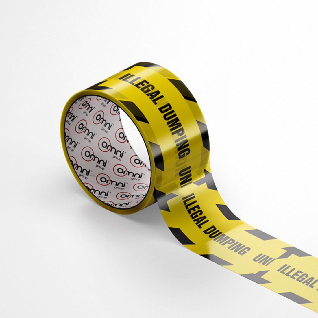 ILLEGAL DUMPING UNDER INVESTIGATION Barrier Tape 72mm x 100m Black on Yellow - Omni Packaging 