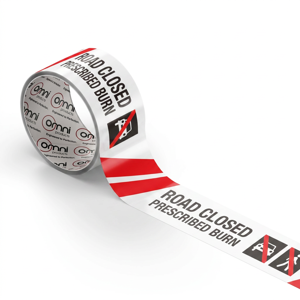 Printed Barrier Tape (ROAD CLOSED PRESCRIBED BURN) 75mm x 100m 2 Colours on White
