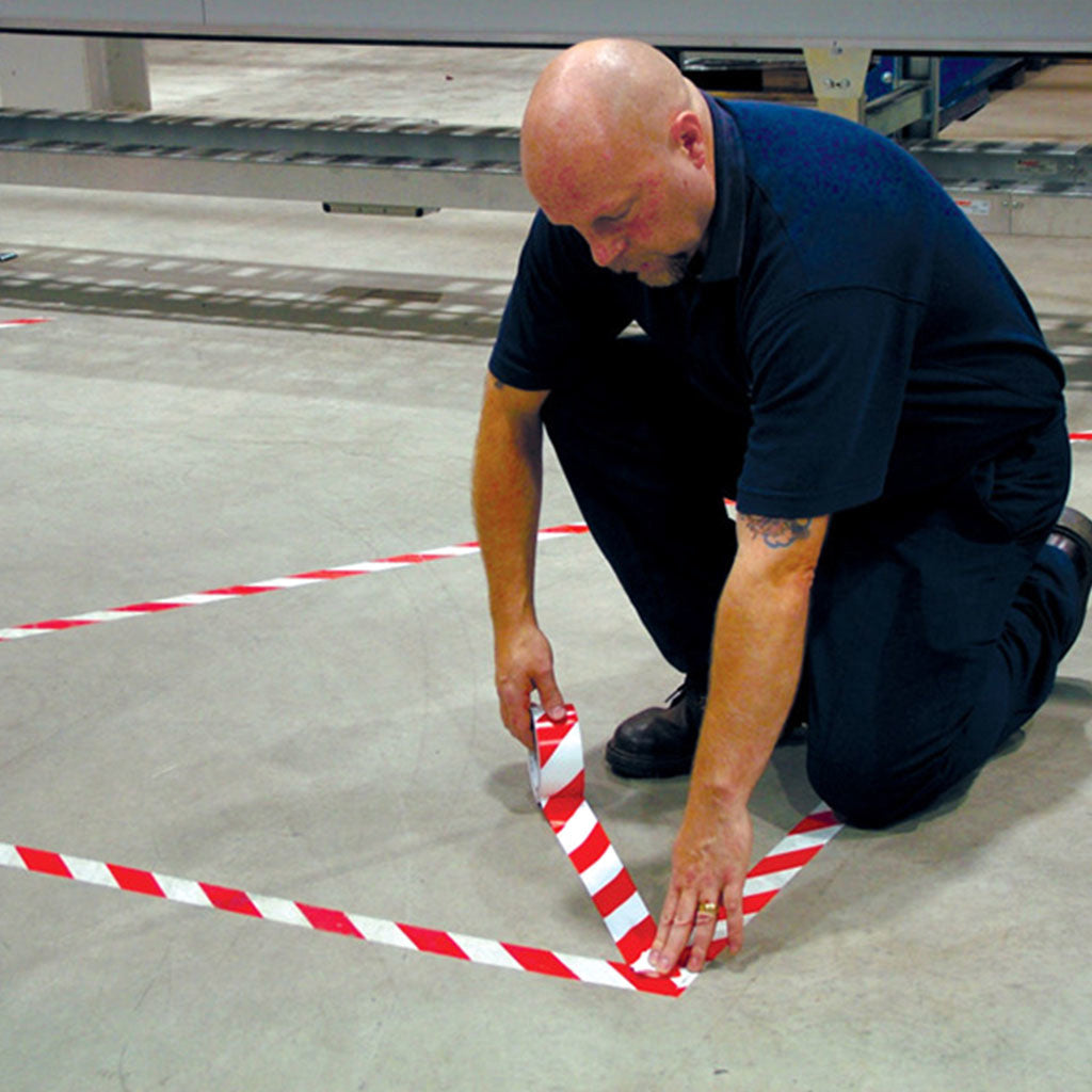 Red and White Line Marking Tape Heavy Duty PVC 75mm x 33m - Omni Packaging 