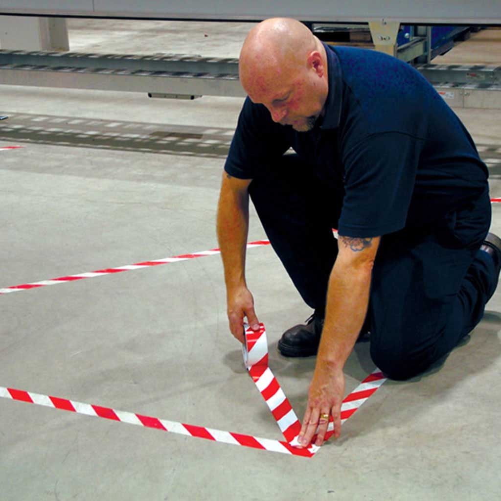 Red and White Line Marking Tape Heavy Duty PVC 48mm x 33m - Omni Packaging 