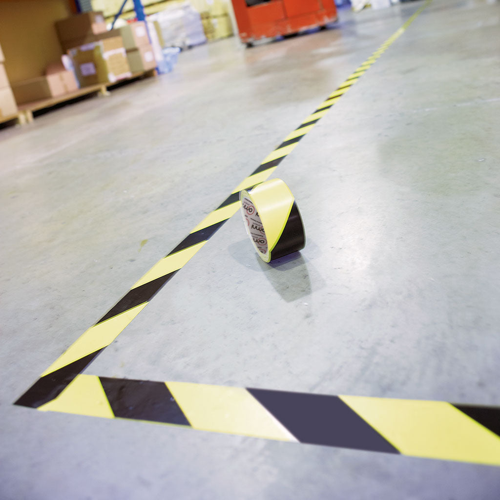 Yellow and Black Line Marking Floor Tape Heavy Duty PVC 48mm x 33m - Omni Packaging 