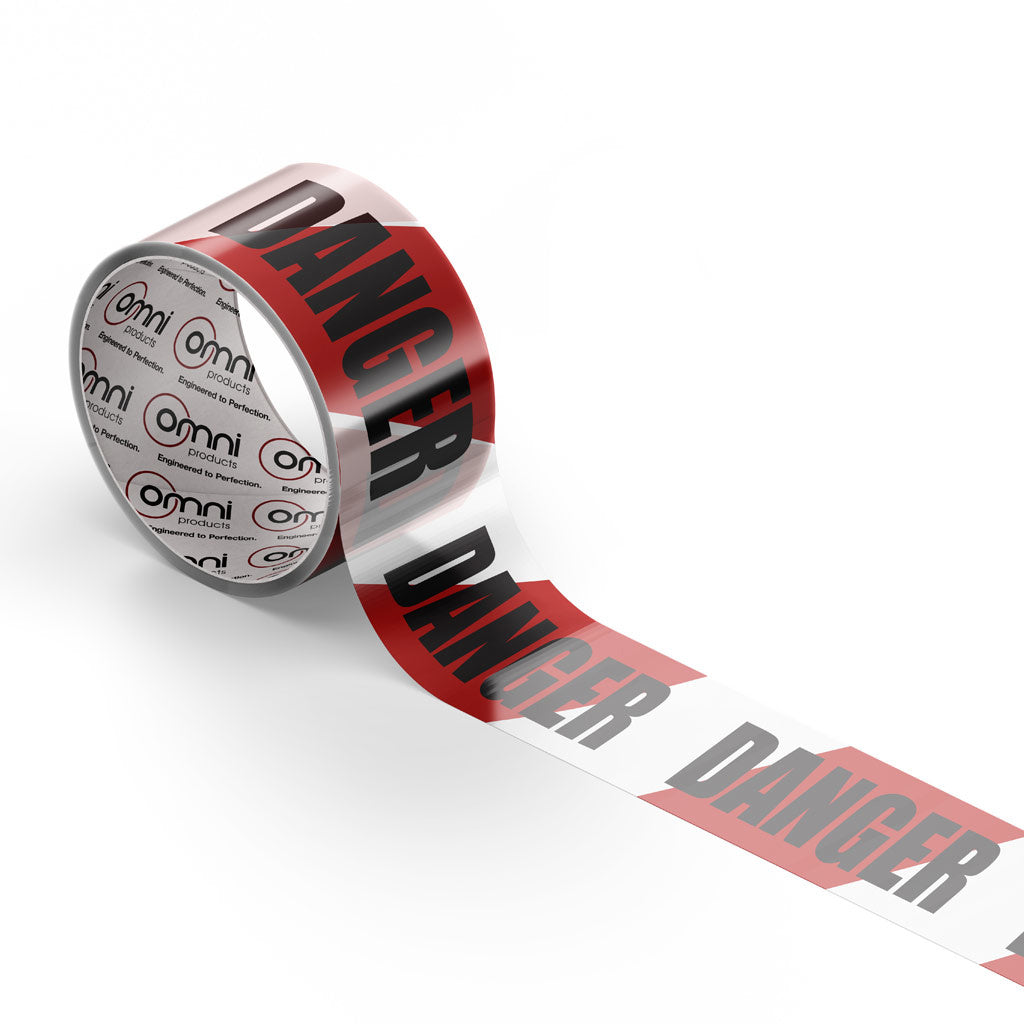 DANGER Barrier Tape Red and White Striped 72mm x 100m - Omni Packaging 
