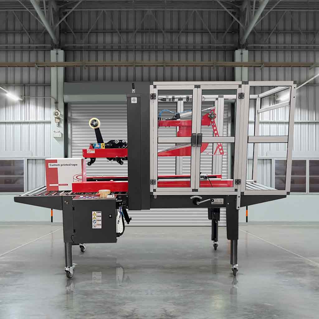 Automatic Carton Sealing Machine Side Belt Drive with flap closer and guards - Omni Packaging 