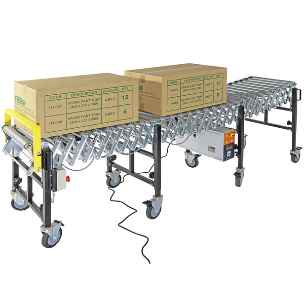 Powered Expandable Steel Roller Conveyor 460mm W x 1.5-4.0m L - Omni Packaging 