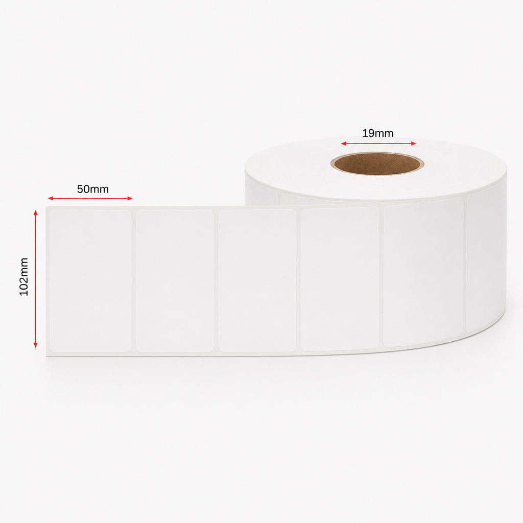 Thermal Direct Label Paper White Permanent 102mm x 50mm Perf. 300/roll 19mm core - Omni Packaging 