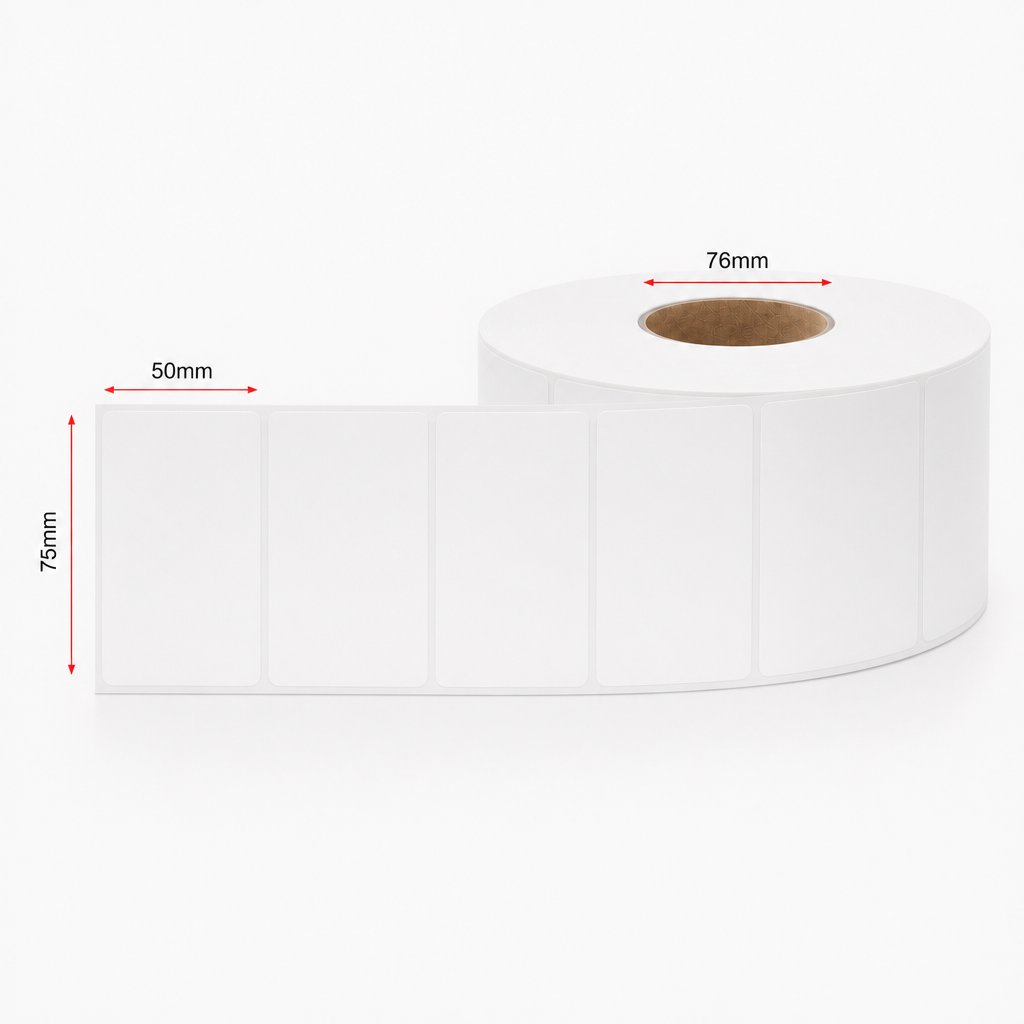 Thermal Direct Label Paper White Removable 75mm x 50mm Perf. 2740/roll 76mm core - Omni Packaging 