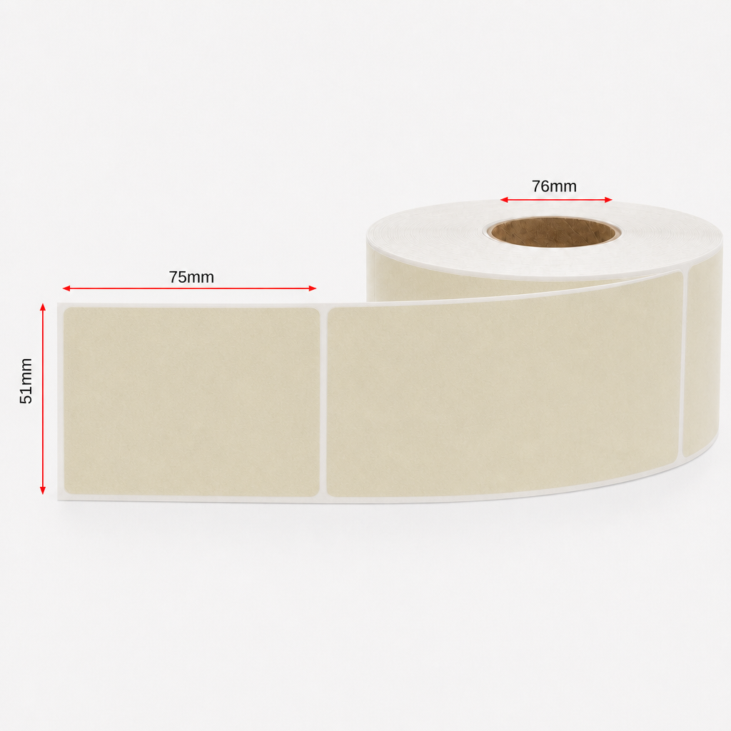 Thermal Direct Label Paper Beige Permanent 51mm x 75mm Perf. 1750/roll 76mm core - Omni Packaging 