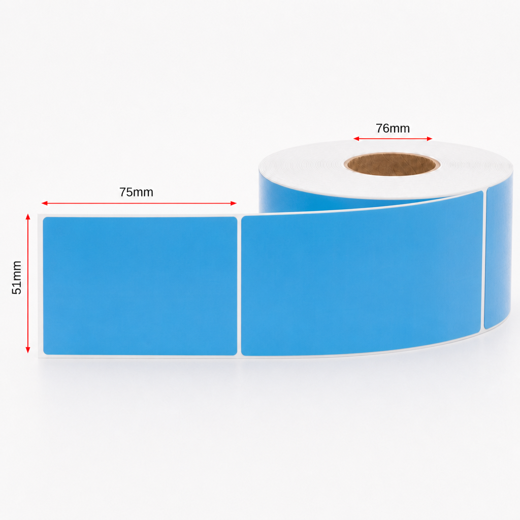 Thermal Direct Label Paper Blue Permanent 51mm x 75mm Perf. 1750/roll 76mm core - Omni Packaging 