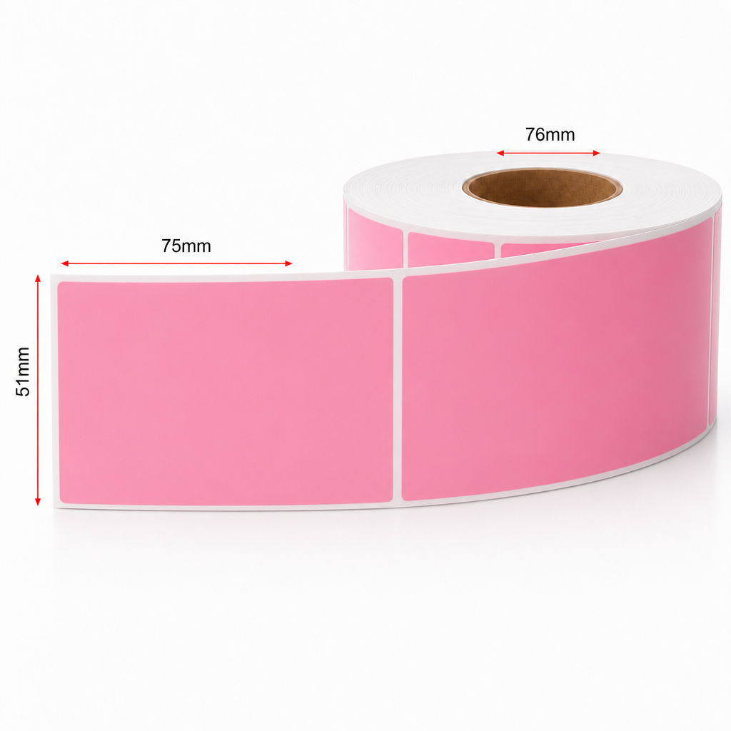 Thermal Direct Label Paper Pink Permanent 51mm x 75mm Perf. 1750/roll 76mm core - Omni Packaging 
