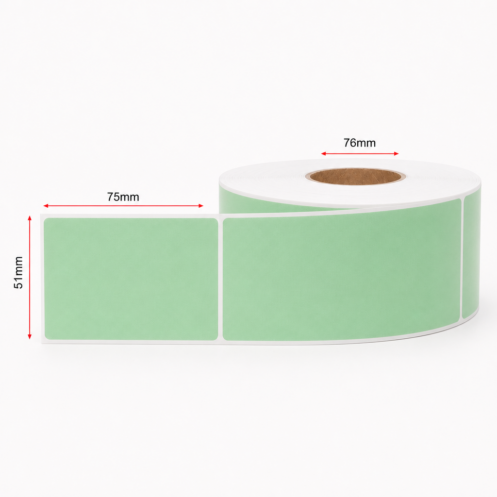 Thermal Direct Label Paper Green Permanent 51mm x 75mm Perf. 1750/roll 76mm core - Omni Packaging 