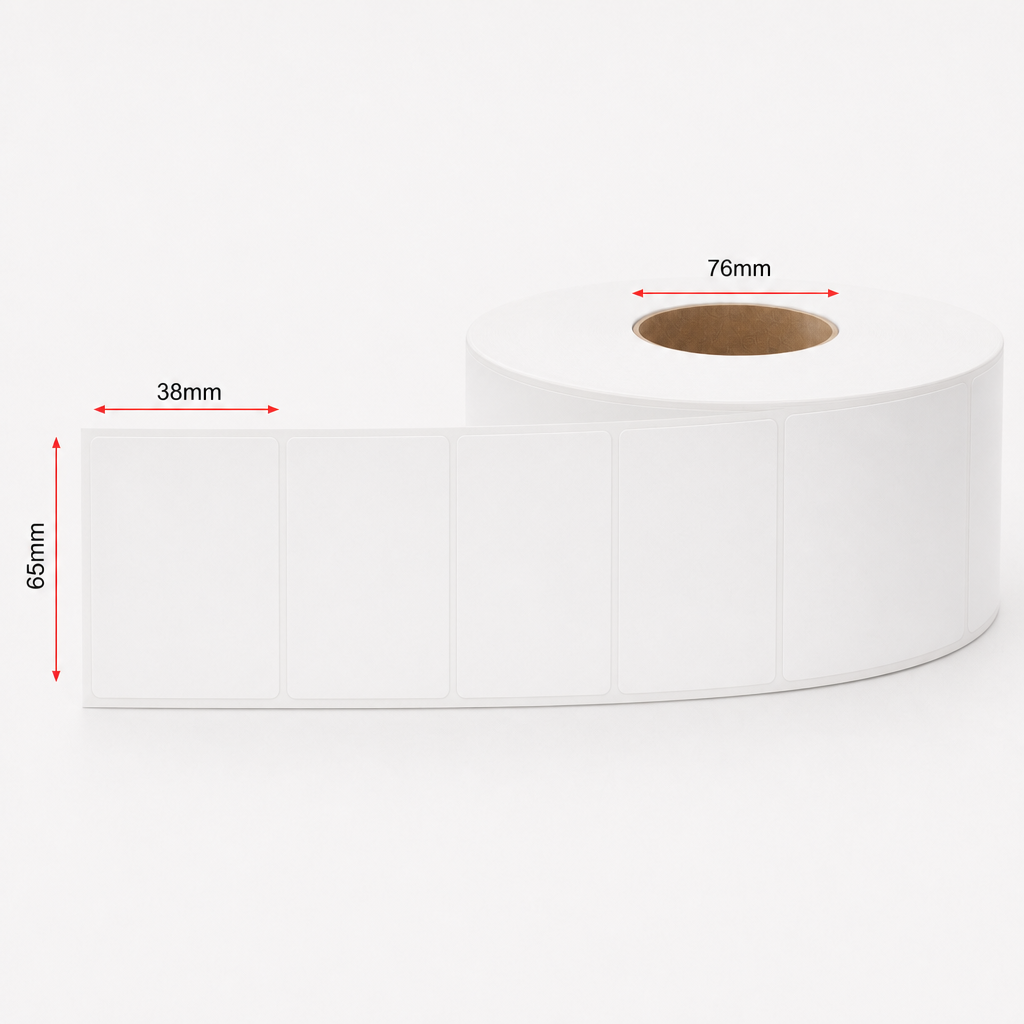 Thermal Direct Label Paper White Permanent 65mm x 38mm Perf. 3500/roll 76mm core - Omni Packaging 