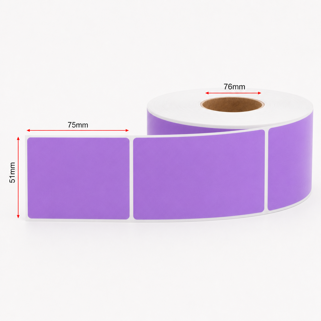 Thermal Direct Label Paper Purple Permanent 51mm x 75mm Perf. 1750/roll 76mm core - Omni Packaging 