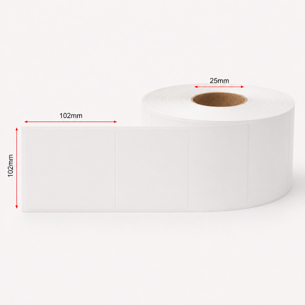 Thermal Direct Label Paper White Permanent 102mm x 102mm Perf. 350/roll 25mm core - Omni Packaging 