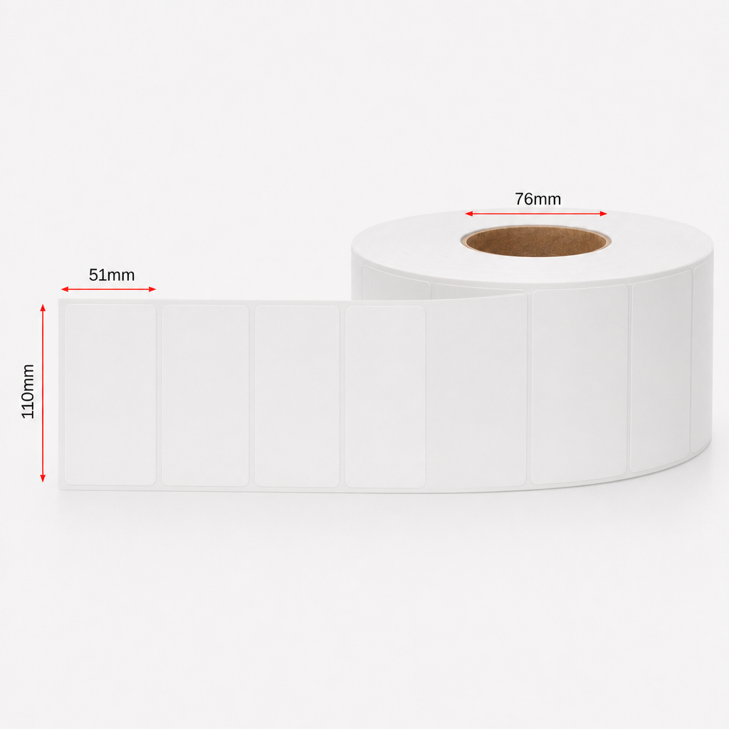 Thermal Direct Label Poly White Permanent 110mm x 51mm Non Perf. 8000/roll 76mm core - Omni Packaging 