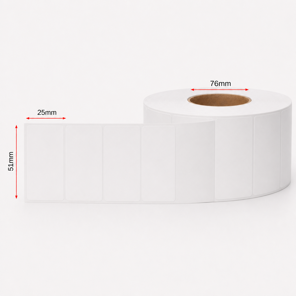 Thermal Direct Label Paper White Permanent 51mm x 25mm 2UP Perf. 10000/roll 76mm core - Omni Packaging 