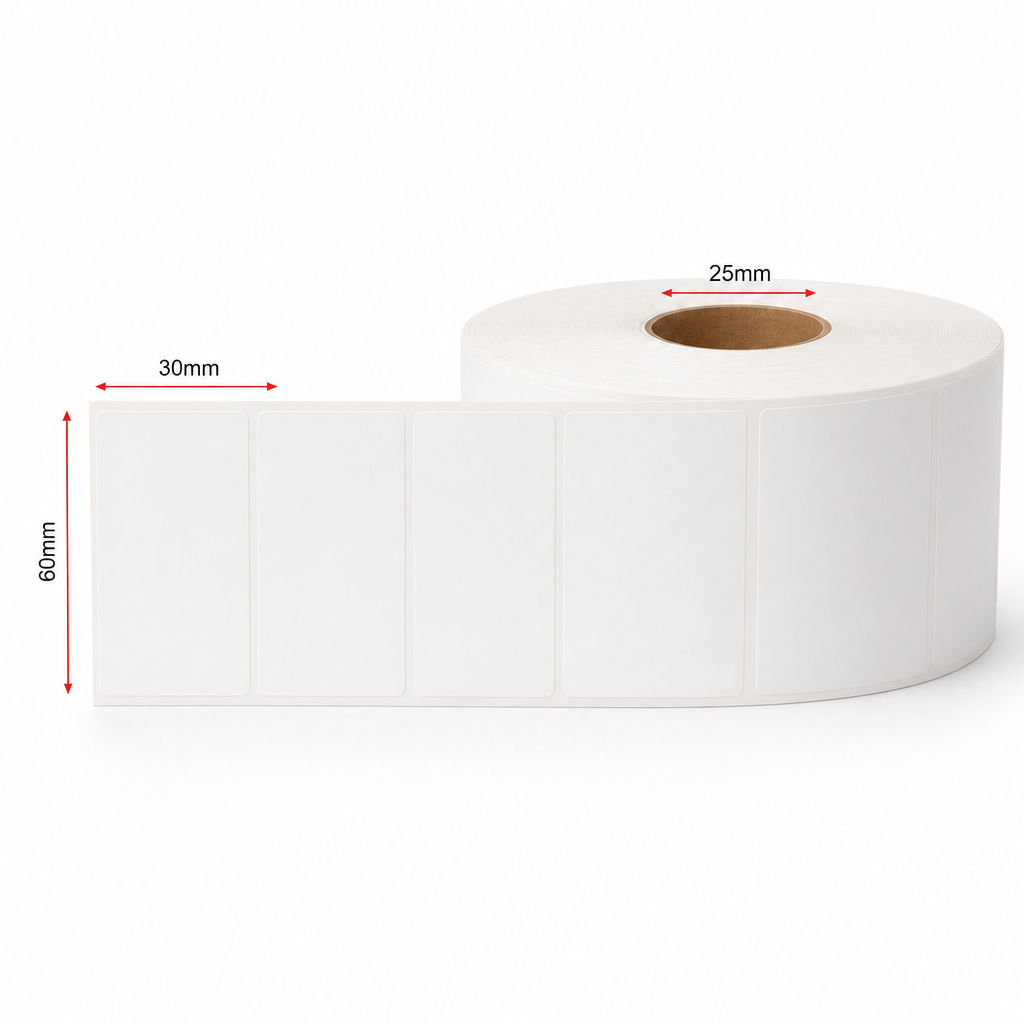 Thermal Direct Label Paper White Permanent 60mm x 30mm Perf. 1250/roll 25mm core - Omni Packaging 