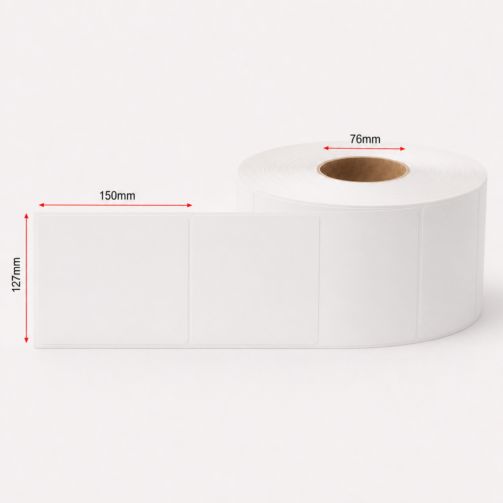 Thermal Direct Label Paper White Permanent 127mm x 150mm Perf. 1000/roll 76mm core - Omni Packaging 
