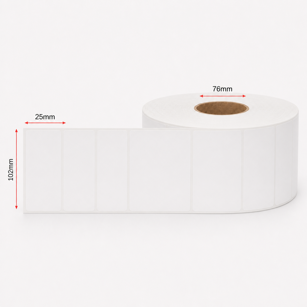 Thermal Direct Label Poly White Permanent 102mm x 25mm Perf. 5100/roll 76mm core - Omni Packaging 