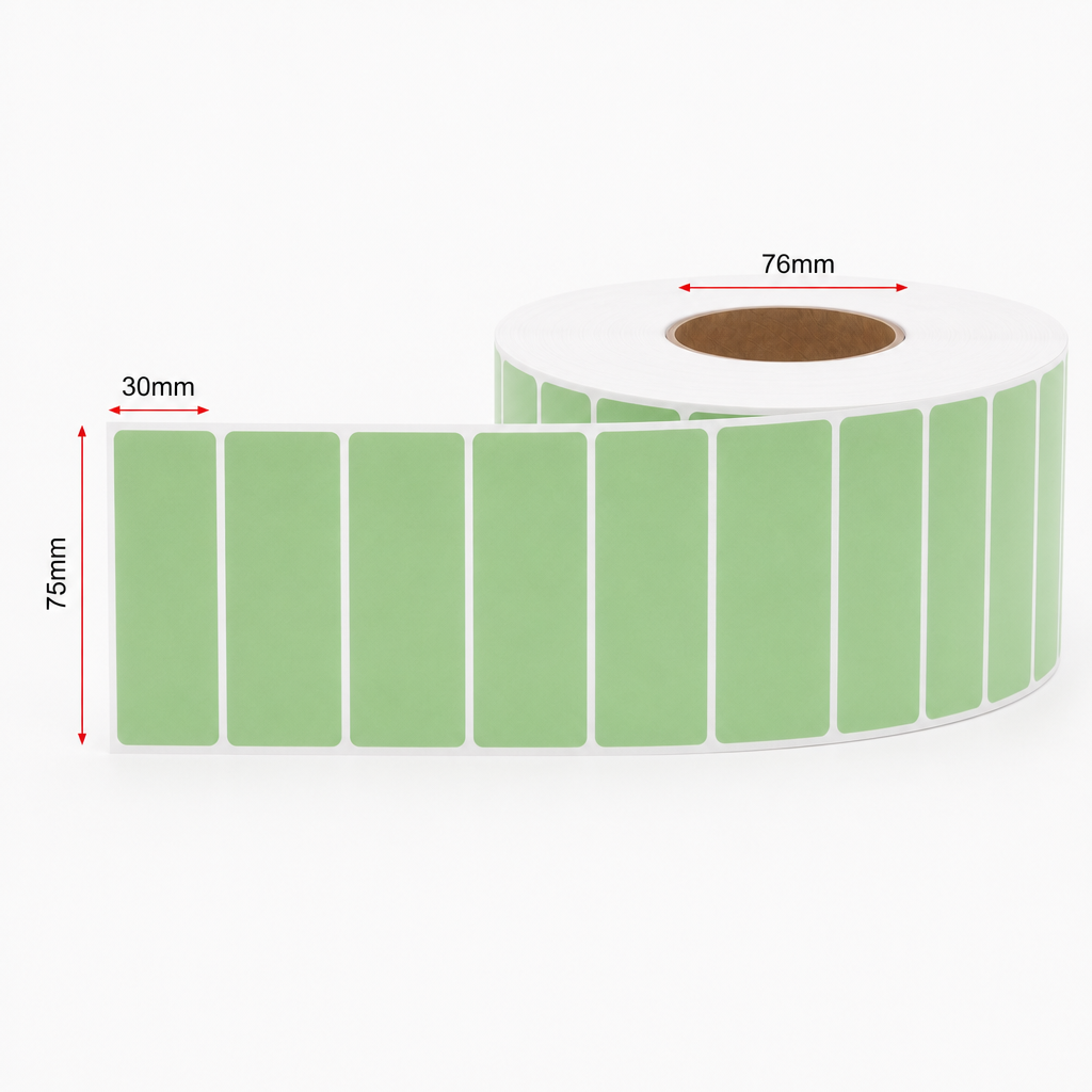 Thermal Direct Label Paper Green Permanent 75mm x 30mm Perf. 5100/roll 76mm core - Omni Packaging 